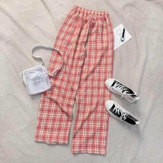 Quần ống rộng lưng cao unisex GURI quần caro ống rộng Tặng quà ngẫu nhiên QCR01