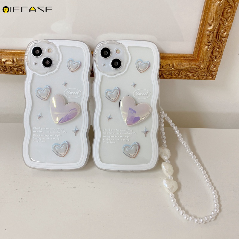 Ốp Điện Thoại Dẻo Màu Laser Họa Tiết Trái Tim Kèm Dây Đeo Ngọc Trai Cho iPhone 13 12 11 Pro Max XS Max XR X 7 8 6 6s