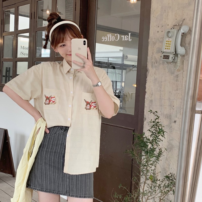 Korean chic 3 color All Match Retro POLO Collar Short-sleeved Shirt Women Shirts Blouse