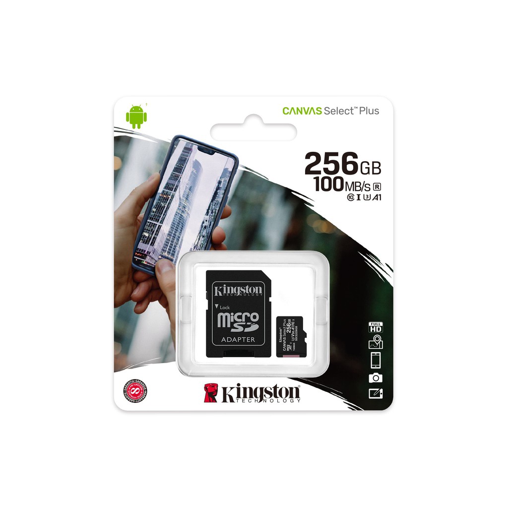 Thẻ nhớ microSDXC Kingston Canvas Select Plus 256GB U3 V30 A1 R100MB/s W85MB/s - Kèm Adapter (Đen)