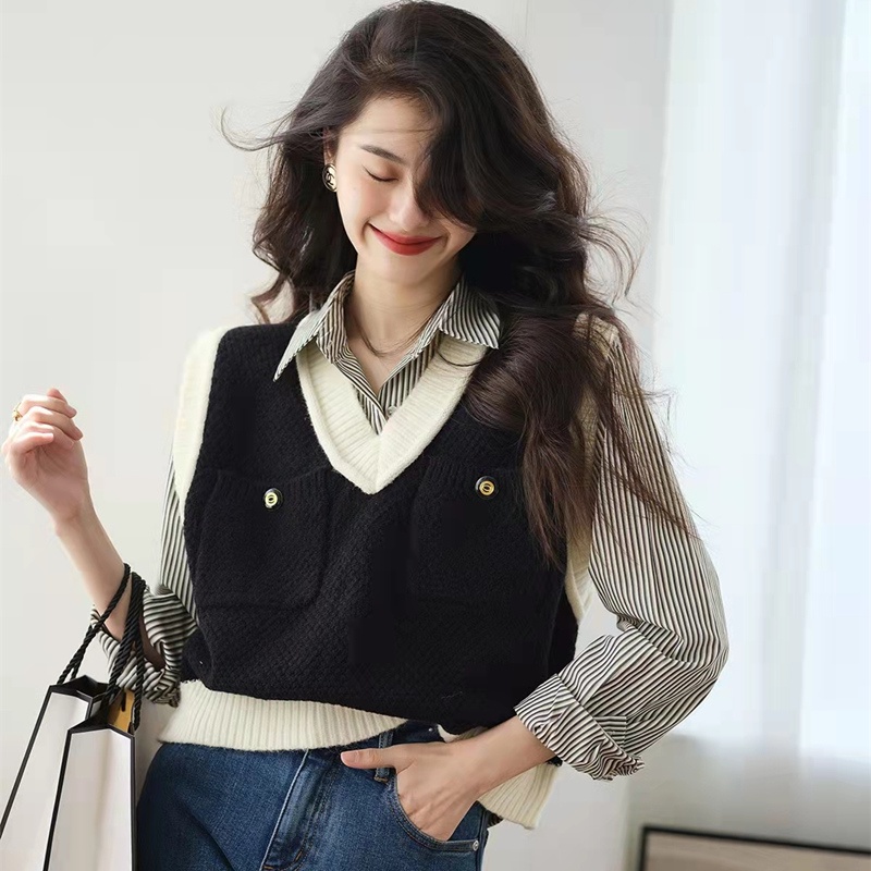 Áo Dệt Kim Sát Nách Dáng Rộng Cổ Chữ V Dễ Phối Đồ Thời Trang Cho Nữ