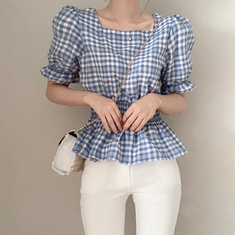 Áo Sơ Mi Ngắn Tay Ca Rô 153241 Áo Kiểu Tay Phồng Cổ Vuông Họa Tiết Sọc Caro Phong Cách Cổ Điển Thời Trang Mùa Hè