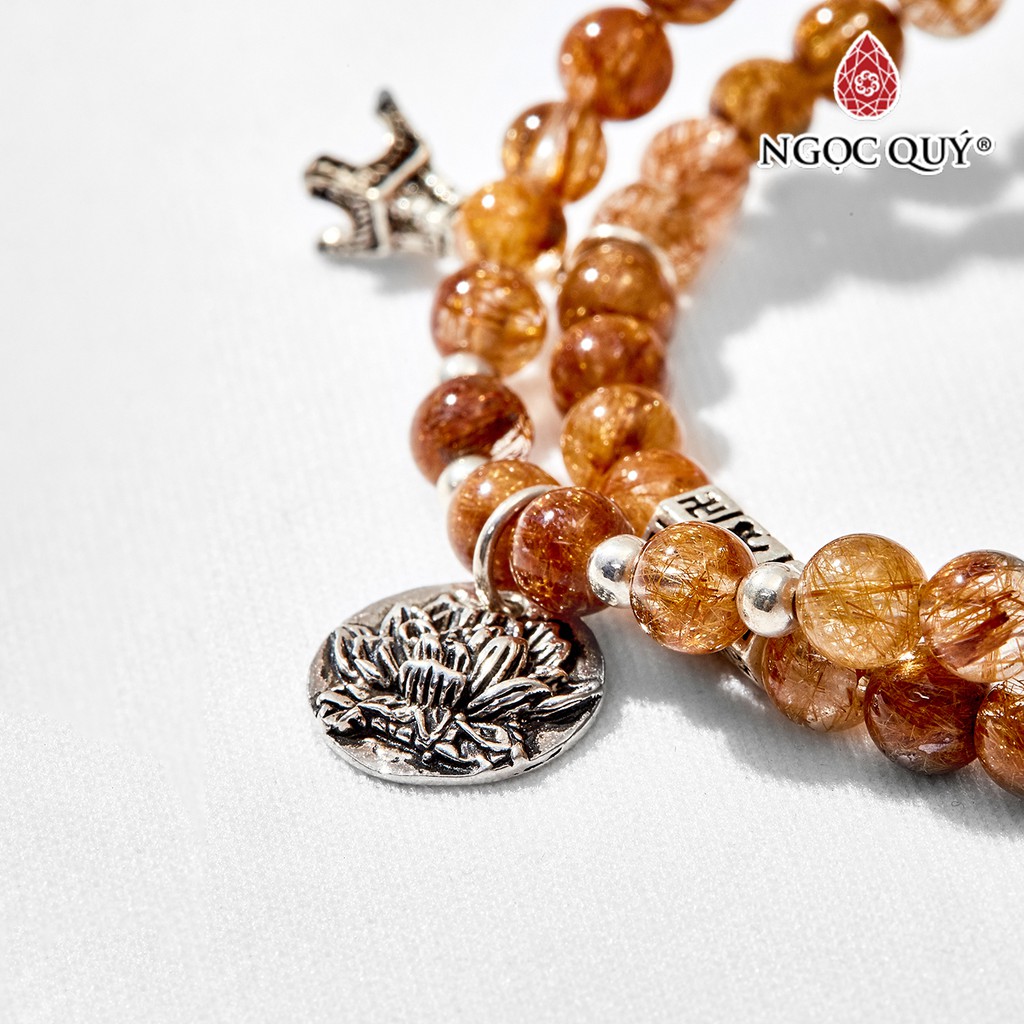 Vòng tay đôi TA tóc vàng phối charm hoa sen hạt 6mm - Ngọc Quý