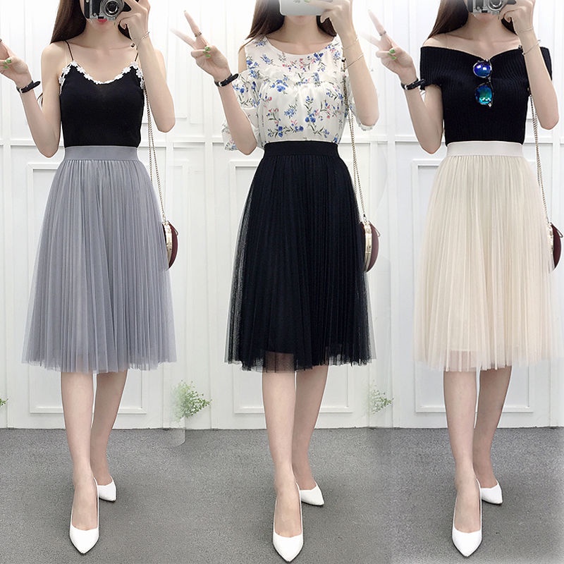 Gauze skirt Four Seasons New pleated A- line skirt high waist slimming versatile skirt fairy skirt fresh gauze skirt