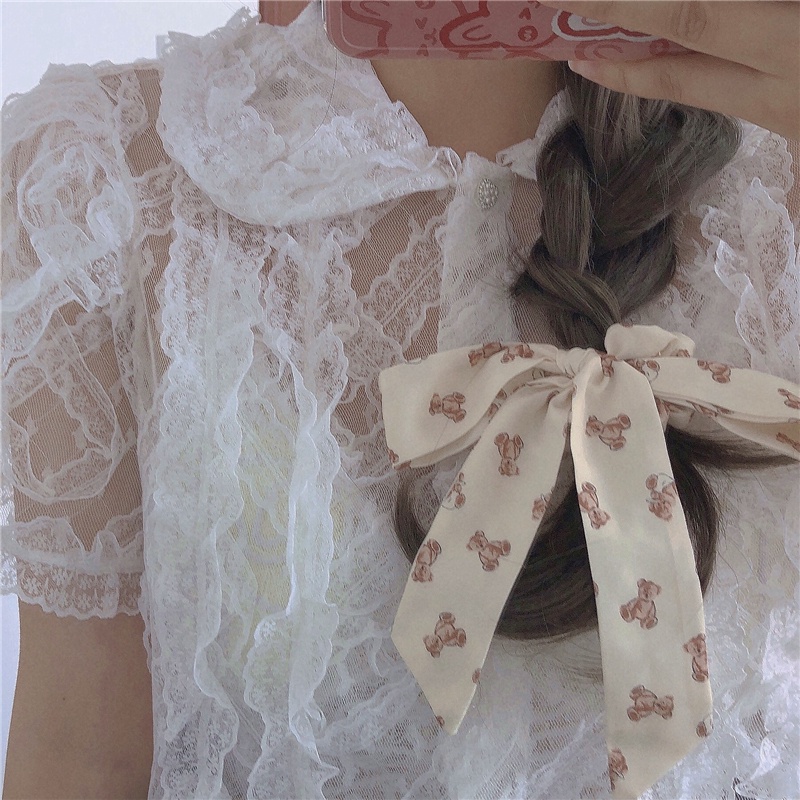 Dây buộc tóc phối nơ thắt nút họa tiết gấu Teddy dành cho nữ