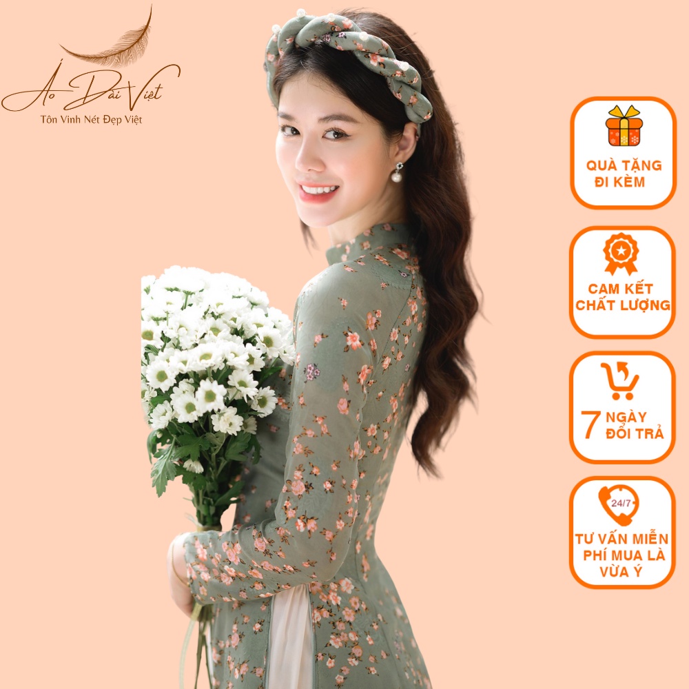 Áo Dài Hoa nhí voon tơ may 4 tà màu hồng + xanh đá nhẹ nhàng