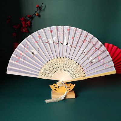 Quạt cổ trang dây tuyến xanh lá tuyết phong cách cổ đại quà tặng trang trí
