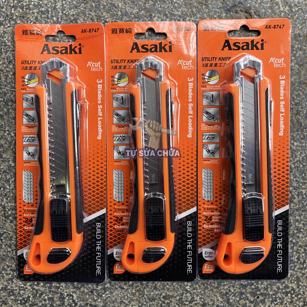 Dao rọc giấy cao cấp Asaki AK-8747 kèm 3 lưỡi thay thế - Dao trổ tay cầm bọc cao su chống trơn