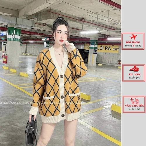 Áo cardigan len nữ oversize phom rộng kẻ caro vàng ulzzang Hàn Quốc