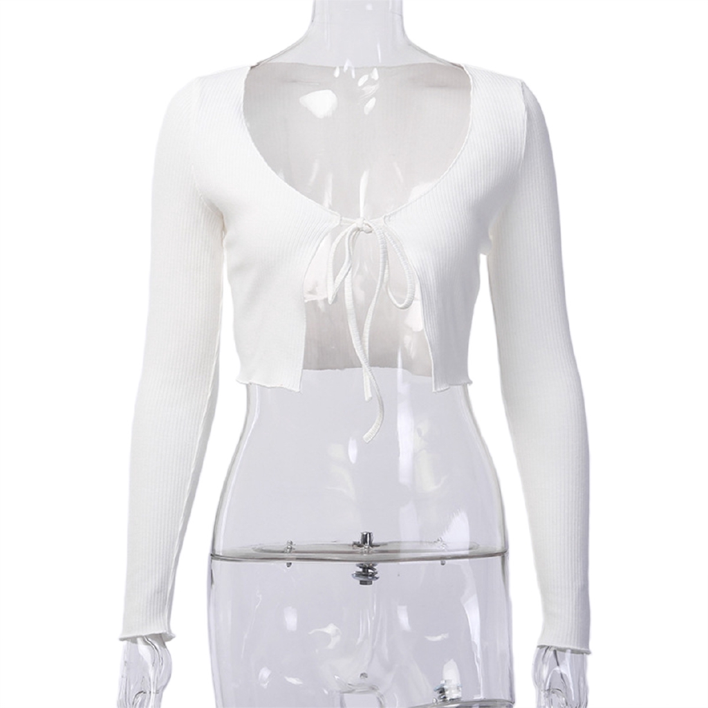 Áo dệt kim dài tay cổ V màu trơn dáng ngắn thời trang quyến rũ cho nữ