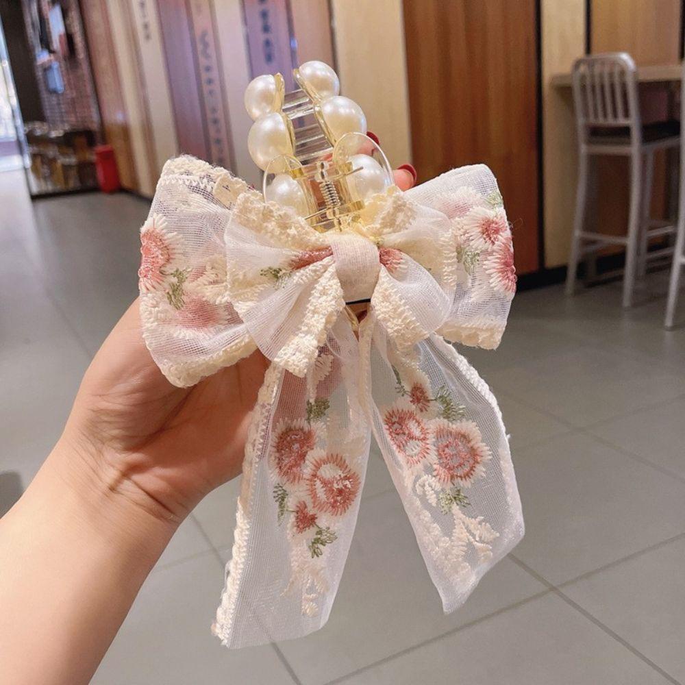 Kẹp Tóc Càng Cua Đính Nơ Ren Hoa Phong Cách Hàn Quốc Thanh Lịch