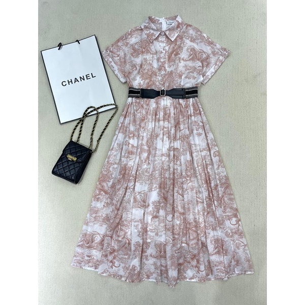 Đầm sơ mi dáng dài xoè tay ngắn thương hiệu Dior CD cao cấp