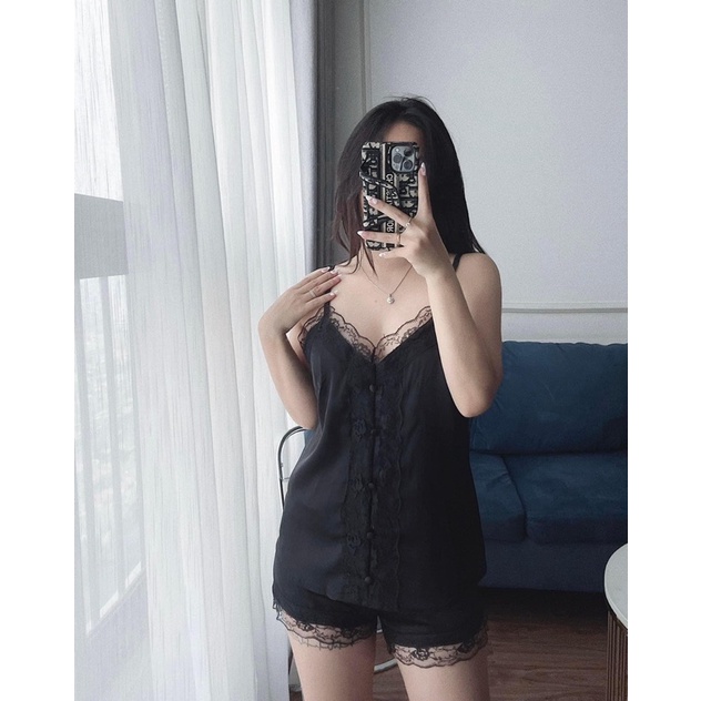Bộ lụa 2 dây nữ mẫu mới 2022, set mặc nhà pijama đồ ngủ cúc bọc sexy thoải mái phối viền ren mềm mại thời trang