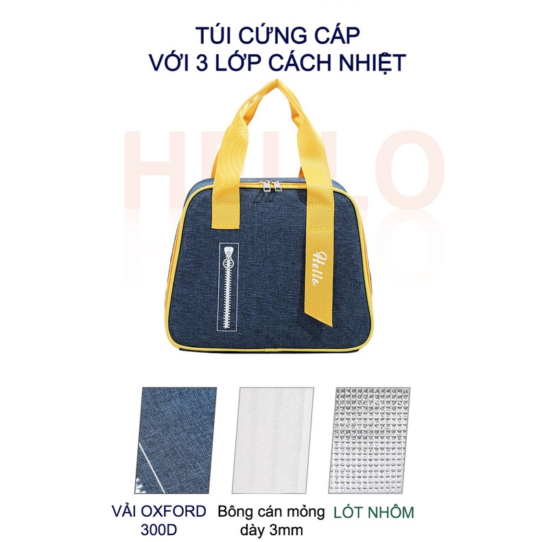 Túi đựng cơm HELLO cao cấp 3 lớp giữ nhiệt, 2 ngăn, chống thấm