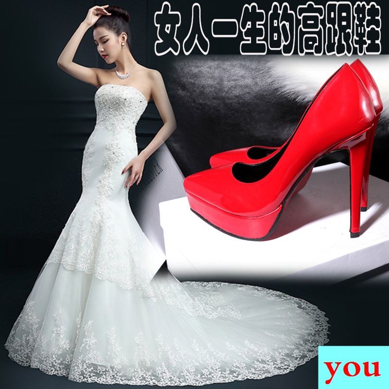 Hàng Mới Về Giày Cao Gót 12cm Mũi Nhọn Bằng Da Bóng Chống Thấm Nước Màu Đỏ Gợi Cảm Cho Nữ