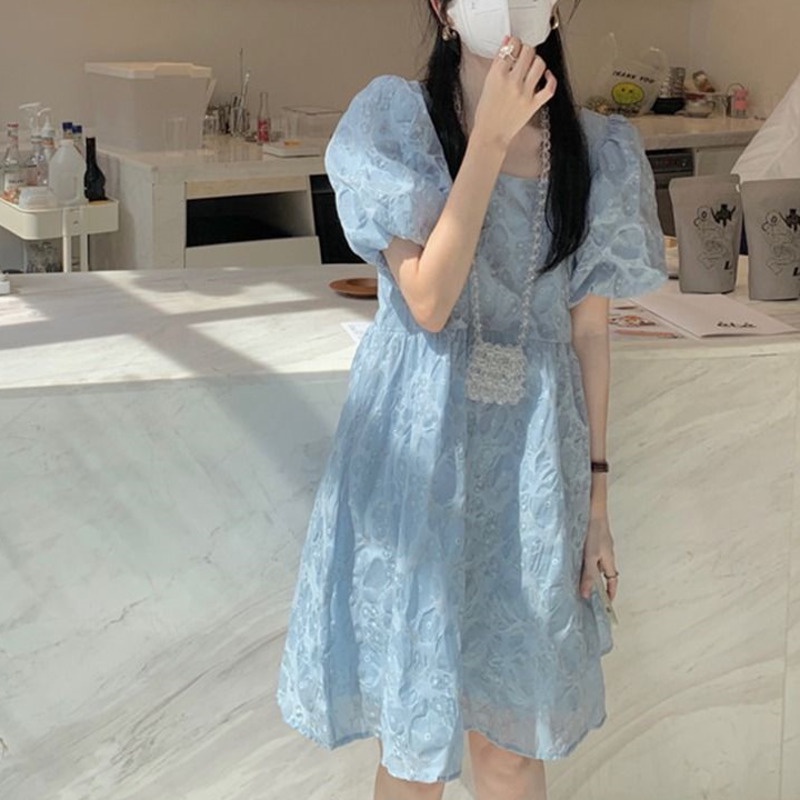 Đầm Ngắn Tay Màu Xanh Dương Phong Cách Hàn Quốc 185245 Đầm Chữ a Tay Phồng Cổ Vuông Thời Trang