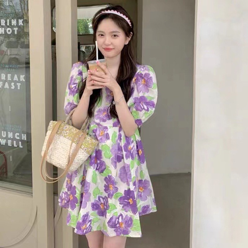 Đầm Tay Phồng Cổ Vuông Họa Tiết Hoa Xinh Xắn Phong Cách Hàn Quốc