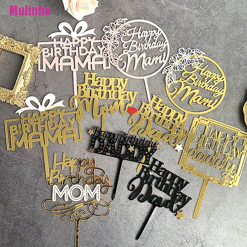 Topper Trang Trí Bánh Kem Bằng Acrylic In Chữ Mother Daddy Happy Birthday