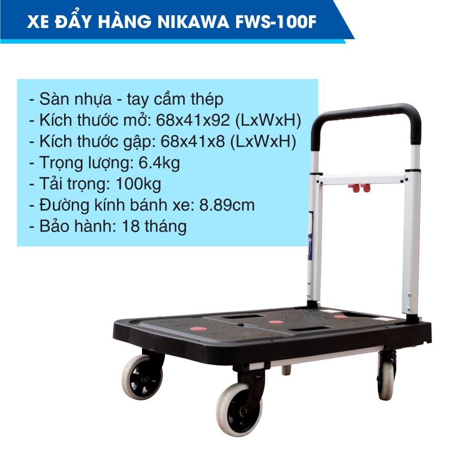 Xe đẩy hàng 4 bánh cao su chống ồn sàn nhựa tay cầm thép có thể thay đổi kích thước Nikawa FWS-100F 100kg hỏa tốc HN