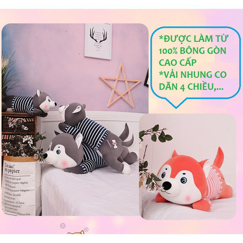 Gấu bông ,Chó bông husky áo kẻ happy vải co dãn 4 chiều tiêu chuẩn miniso