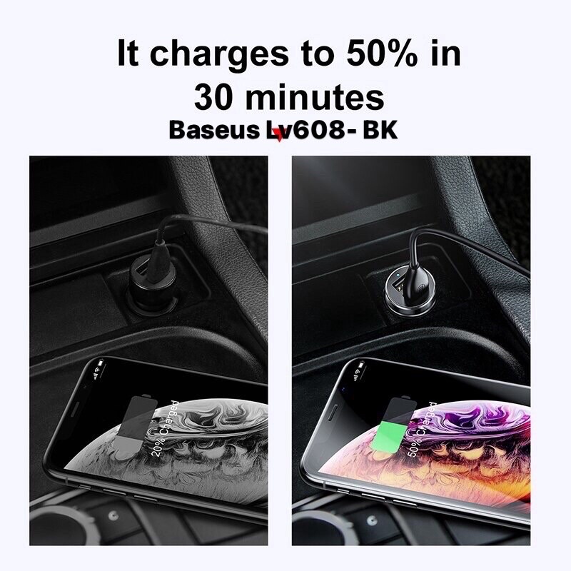 Tẩu xạc ô tô đa năng 2 đầu có dây kéo Baseus LV608-BK