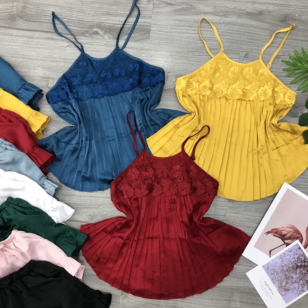Đồ ngủ yếm 2 dây dập ly phối ren, chất liệu lụa satin cao cấp mềm mại quyến rũ, freesize dưới 65kg- SHOP HUYỀN TRANG.
