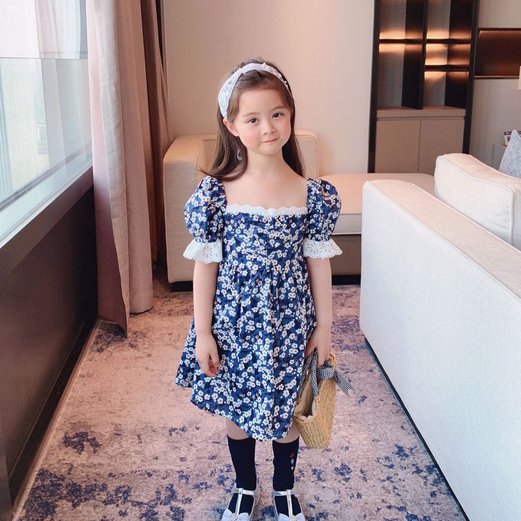 Đầm Hoa Tay Phồng Cổ Vuông Phong Cách Hàn Quốc Cho Bé Gái