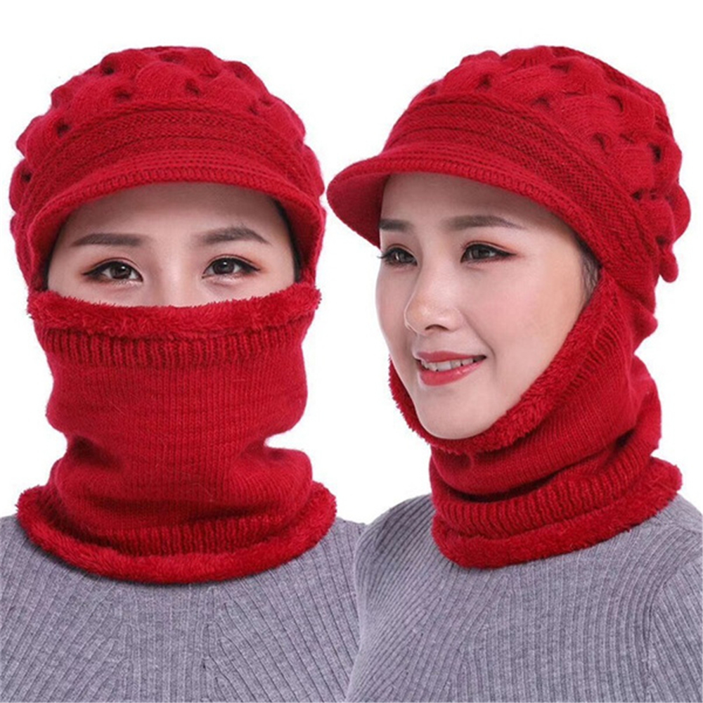 Nón Len Kiêm Khăn Choàng Cổ Bằng Len Phối Nhung Dày Giữ Ấm Mùa Đông Nhiều Màu Sắc Cho Nữ
