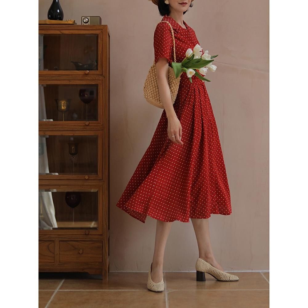 Đầm Sơ Mi Đỏ Dáng Dài Ôm Eo Họa Tiết Chấm Bi Cổ Điển Kiểu Pháp