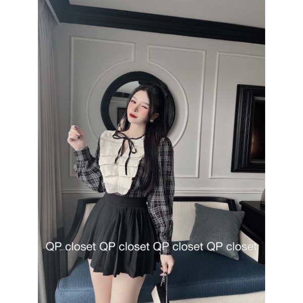 Áo sơmi kẻ bèo nơ ngực hàng L1