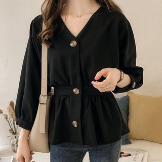 Áo sơ mi cài nút bo eo cổ V cho nữ