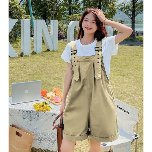 Set quần yếm + áo thun trắng dáng rộng phong cách Hàn Quốc thời trang mùa hè cho nữ