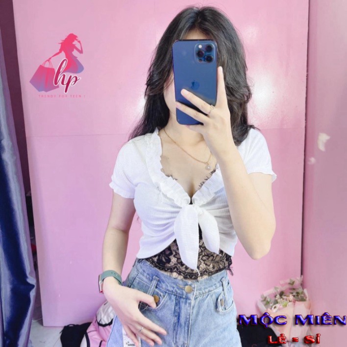 Áo croptop thun gân buộc nơ viền bèo mẫu mới siêu xinh thời trang 2020 -Giá Sỉ