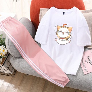 Sét Bộ Đồ Quần Áo Nữ Giá Rẻ Xinh Cute, Áo Phông Ngắn Tay Cotton In Mèo Khóc Kèm Quần Thun Bo Chun Gấu