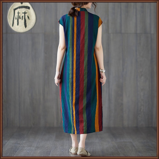 Đầm Sườn Xám Không Tay Cổ Đứng Chất Liệu Cotton Lanh Thoáng Khí Thoải Mái Họa Tiết Kẻ Sọc Cổ Điển Cho Nữ