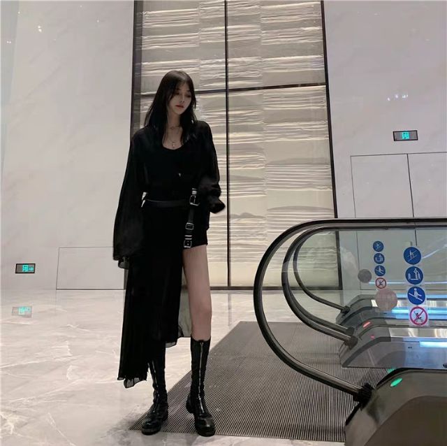 Set Áo choàng đen voan mỏng dài vạt chéo + đai xích Ulzzang siêu chất 😍