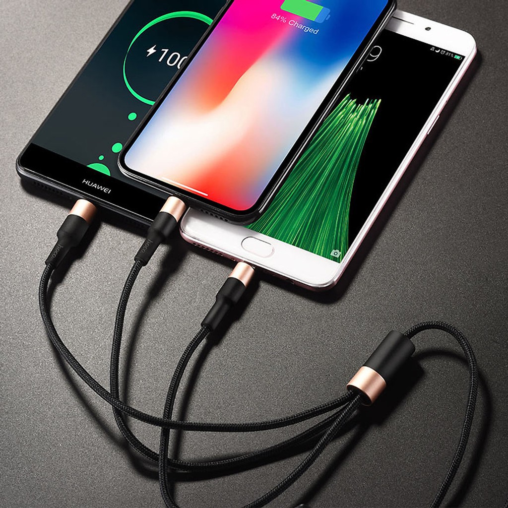 [Mã ELFLASH5 giảm 20K đơn 50K] Cáp sạc 3 đầu Hoco Lightning + Micro USB + Type-C -Bọc dù - Hàng chính hãng