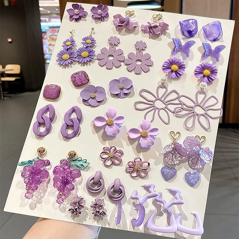 Bông Tai Đính Đá Tím Phong Cách Hàn Quốc