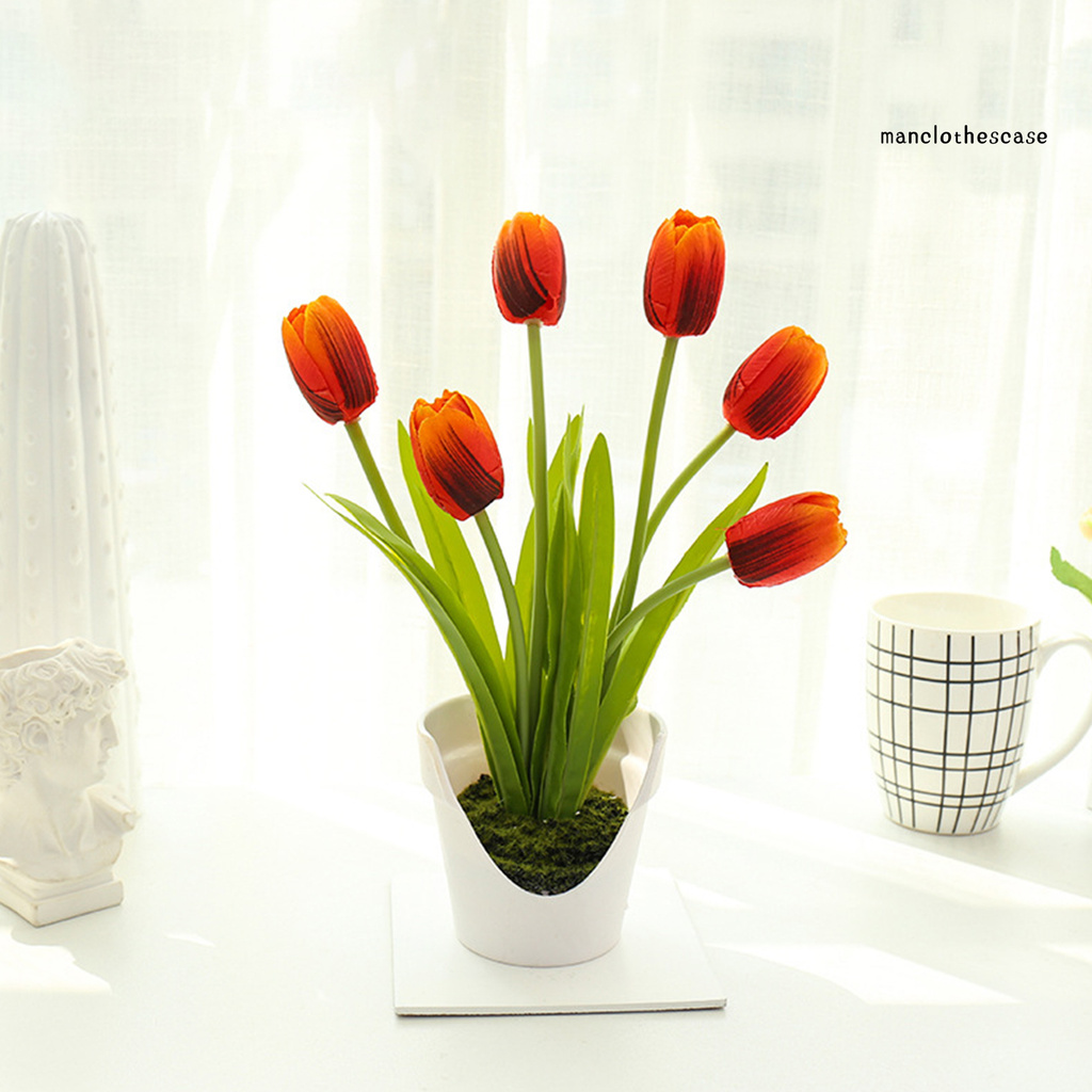 Chậu Hoa Tulip Nhân Tạo 6 Bông Trang Trí Nhà Cửa