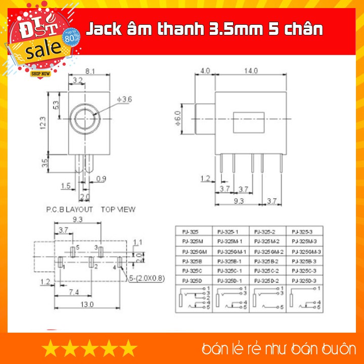 Jack âm thanh 3.5mm 5 chân PJ215 PJ325