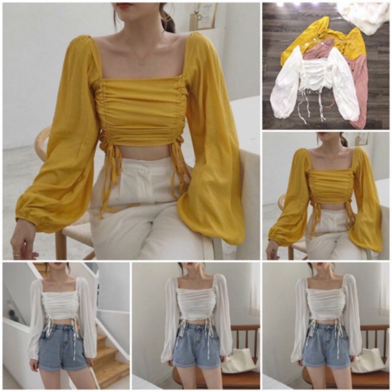 ÁO RÚT DÂY VÔN CỔ VUÔNG KÈM ẢNH THẬT BẸT VAI RÚT DÂY NHÚN