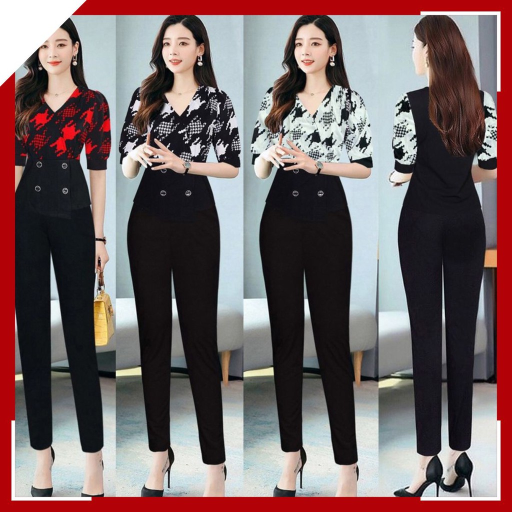 Bộ Đồ Nữ 💝FREESHIP💝 Set nguyên bộ quần dài áo sơ mi họa tiết phối 4 nút xinh xắn J1120