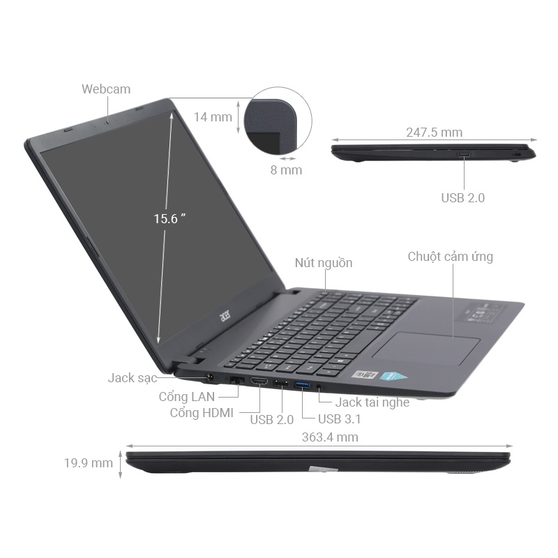 Máy tính xách tay Acer Aspire 3 A315-56-37DV i3-1005G1 4GB 256GB 15.6&quot; FHD - Bảo hành 12T Chính Hãng