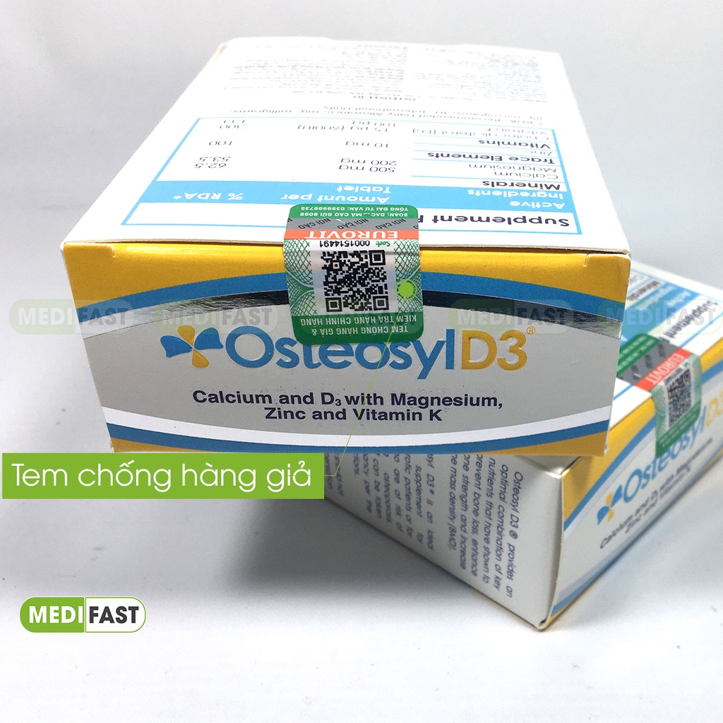 Viên uống bổ sung Canxi D3 Magie Kẽm OSTEOSYL D3 giúp xương răng chắc khỏe cho trẻ em và người lớn - Hộp 30 viên