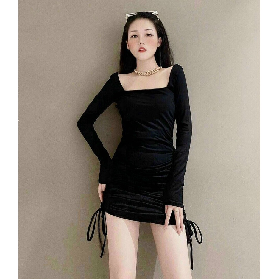 Gunkaymatter Đầm Ôm Body Tay Dài Cổ Vuông Rút Dây 2 Bên Hông Mẫu Siêu Dễ Thương