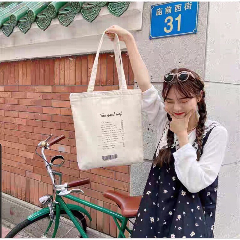 TÚI TOTE VẢI VINTAGE TRẮNG NGÀ , TÚI TOTE CANVAS ULZZANG THE GOOD LIST