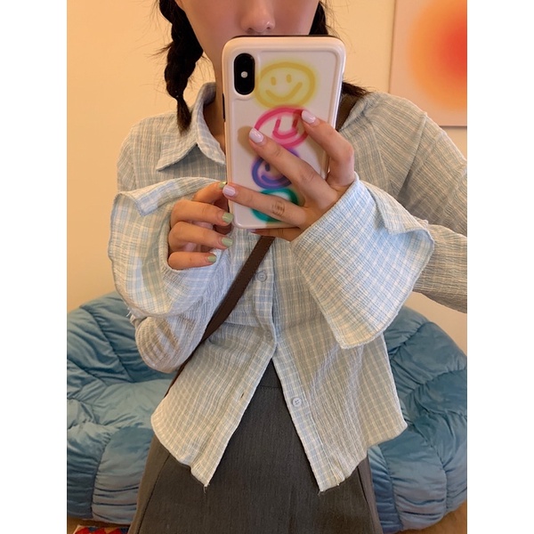 Urihouse - Áo sơ mi dài tay loe dáng ôm kẻ ô caro trắng xanh patel dáng lửng