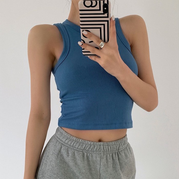 QADCOL Áo croptop không tay cổ tròn ôm dáng dệt kim thời trang