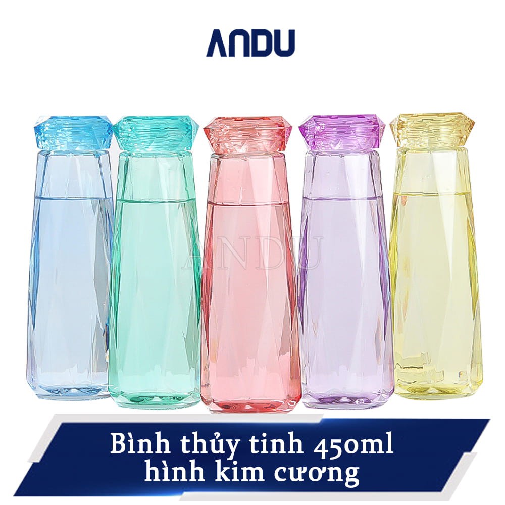 Bình thủy tinh kim cương, bình đựng nước nhiều màu 450ml cải tiến siêu nhẹ, siêu chịu nhiệt, cực bền