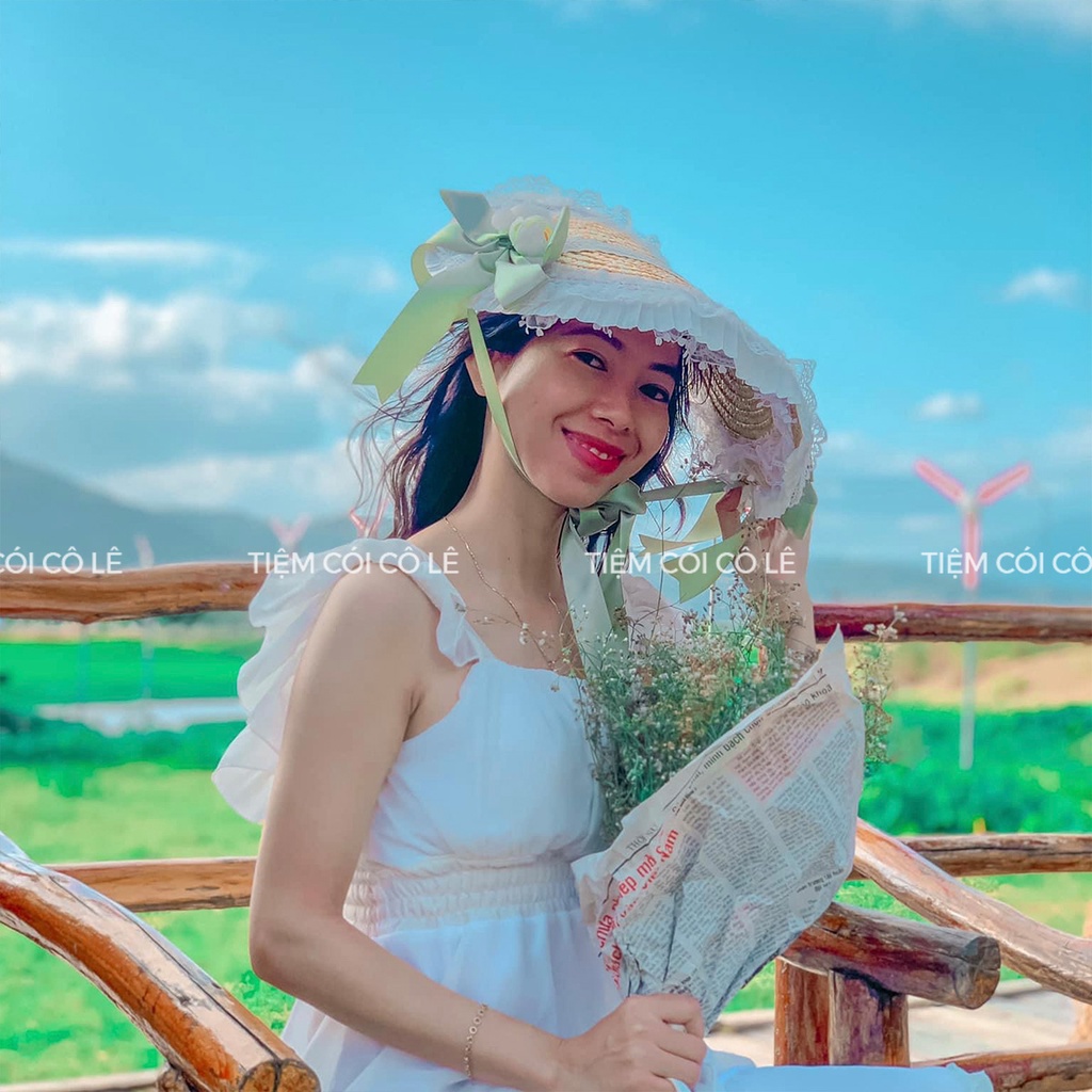 Nón cói ren hoa phong cách Lolita đi biển, chụp ảnh ngoại cảnh, lookbook xinh ngất ngây - Tiệm Cói Cô Lê